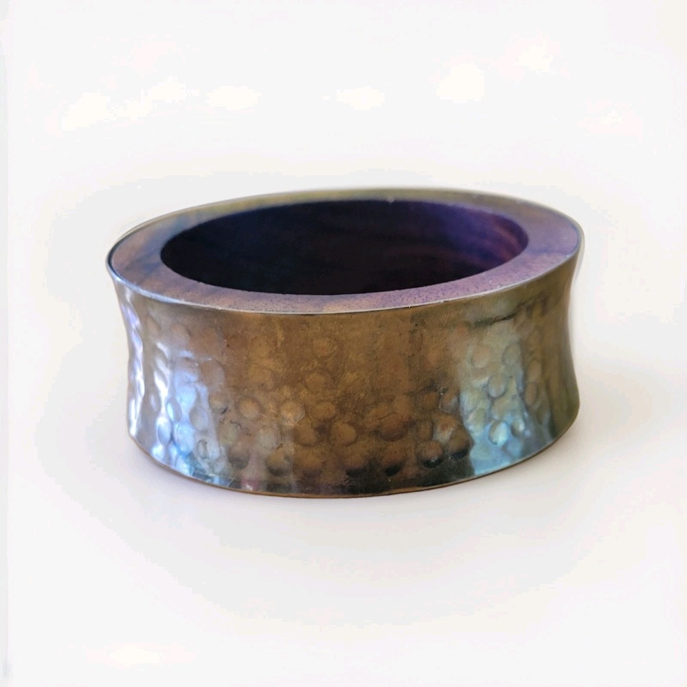 Vintage Wide Wood Hammered Brass Bangle Bracelet Artisan Modernist 66g